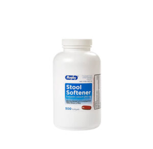 Bottle of stool softener capsules for constipation relief.