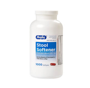 A bottle of stool softener medication with 100 capsules.
