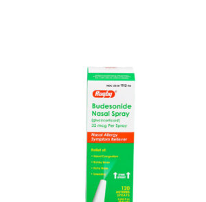 Budesonide nasal spray box for allergy relief.