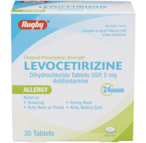 Box of Levocetirizine allergy tablets, 5 mg strength, 35 count.