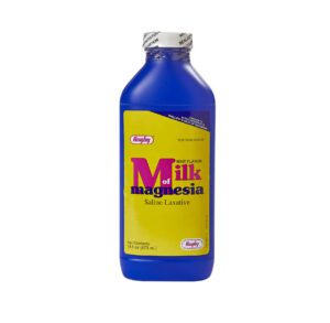 Blue bottle of milk magnesia with yellow label.