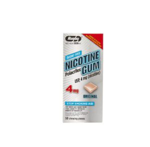 Box of Nicotine Polacrilex Gum, 4mg, Fresh Mint flavor.