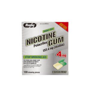 Box of Nicotine Polacrilex Gum for quitting smoking with 4mg strength.