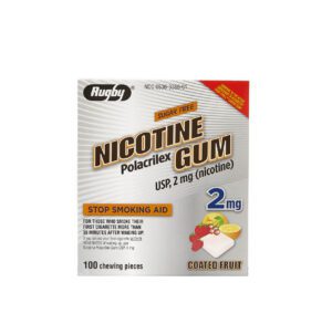 Box of nicotine polacrilex gum with 2mg strength and fruit flavor.