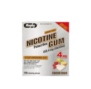 Box of Nicotine Polacrilex Gum, 4 mg, cinnamon flavor.