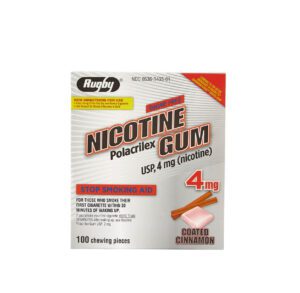 Box of Nicotine Polacrilex Gum, Cinnamon flavor for quitting smoking.