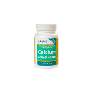 Bottle of calcium dietary supplement tablets.