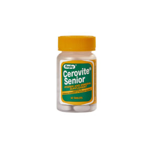 Bottle of Cerovite Senior multivitamins with orange cap.