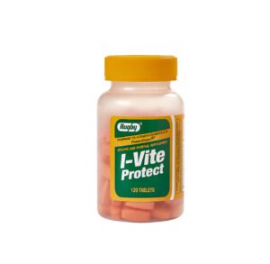 Bottle of L-Vite Protect multivitamin supplements with an orange cap.