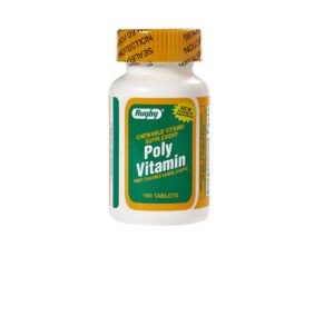 A bottle of Poly Vitamin dietary supplement with 100 tablets.