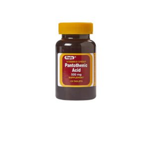 A bottle of pantothenic acid dietary supplement with a yellow cap.