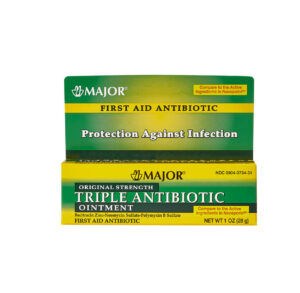 Triple antibiotic ointment in a green and yellow box for infection protection.
