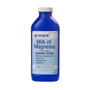 A blue bottle of Major Milk of Magnesia for digestive relief.