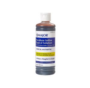 A bottle of Dimador povidone iodine solution for external use.