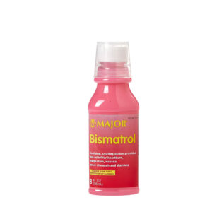 A small bottle of pink Bismatrol antiseptic liquid.