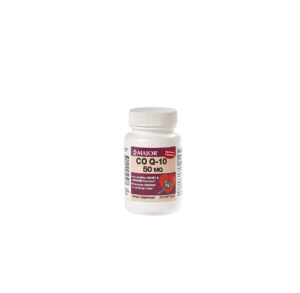 Bottle of Co-Q10 dietary supplement capsules.