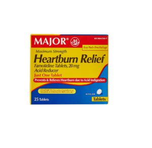 Box of Major Heartburn Relief tablets for acid reflux and heartburn.