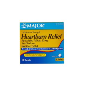 Box of Major Heartburn Relief tablets with active ingredient calcium carbonate.