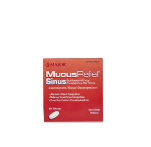 Box of Mucus Relief Sinus medication for nasal congestion.