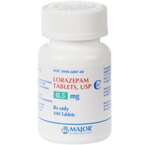 A bottle of 5 mg Lorazepam tablets with a white cap and label.