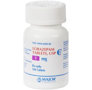 A bottle of 10 mg Lorazepam tablets with a white cap and blue label.