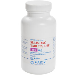 A white bottle labeled Suindac Tablets, USP 200 mg by Major Pharmaceuticals.