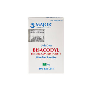 Box of Bisacodyl 5mg coated tablets by Major Pharmaceuticals.