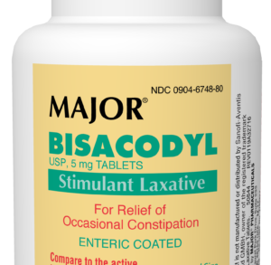 Bottle of Major Bisacodyl stimulant laxative for relief of occasional constipation.