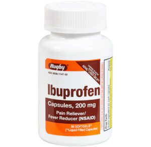A bottle of 200 mg ibuprofen capsules for pain relief and fever reduction.