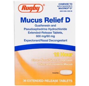Rugby Mucus Relief D tablets for nasal and chest congestion.