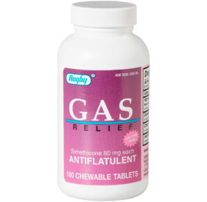 Bottle of gas relief anti-flatulence chewable tablets.