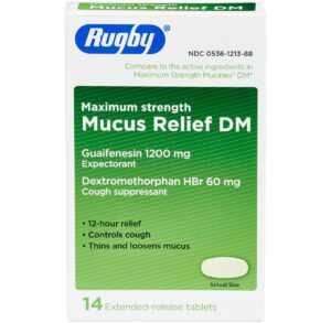 Box of Maximum Strength Mucus Relief DM tablets for cough and mucus relief.