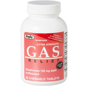 Bottle of extra strength gas relief chewable tablets.