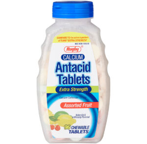 Bottle of antacid tablets with calcium for acid relief.