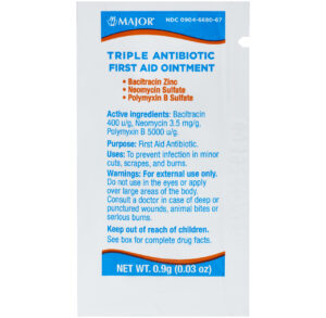 Box of triple antibiotic first aid ointment for minor cuts and burns.