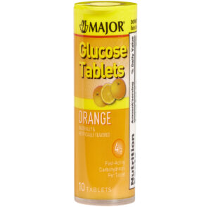 Orange-flavored glucose tablets in a yellow and orange container.