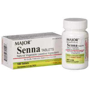 Major Senna tablets for constipation relief in a white bottle and box.