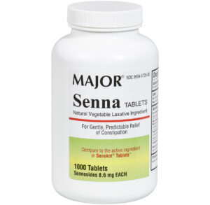 Bottle of Major Senna laxative tablets for constipation relief.