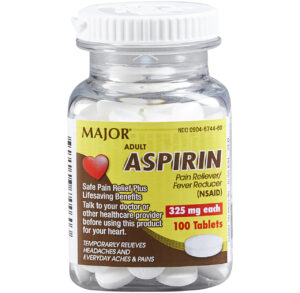 Bottle of Major Aspirin with 100 tablets, 325 mg each.