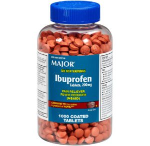 Bottle of Major Pharmaceuticals Ibuprofen 200 mg coated tablets.