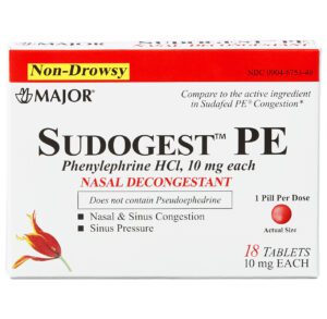 Box of Sudogest PE nasal decongestant tablets containing 18 tablets.