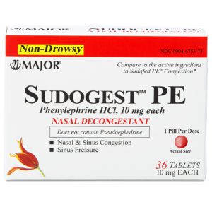 Sudogest PE nasal decongestant tablets for nasal congestion relief.