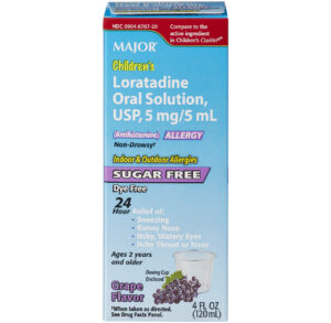 A box of Mardex Loratadine oral solution for allergies, sugar-free, grape flavor.