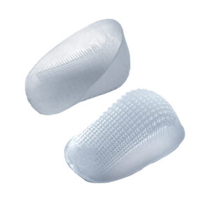 Two white silicone heel protectors for foot cushioning.