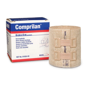 A rolled Comprilan elastic bandage with packaging box.