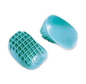 Two blue silicone foot scrubbers with textured surfaces.