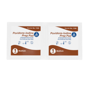 Packaging of Povidone-Iodine Prep Pads with usage instructions.