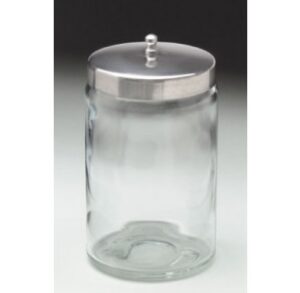 Clear glass jar with a silver metal lid and a knob on top.