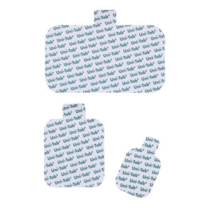 Set of three blue adhesive heat patches for pain relief.