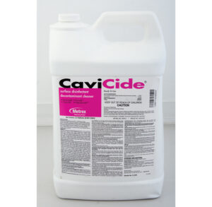 A container of CaviCide disinfectant solution with detailed usage instructions.